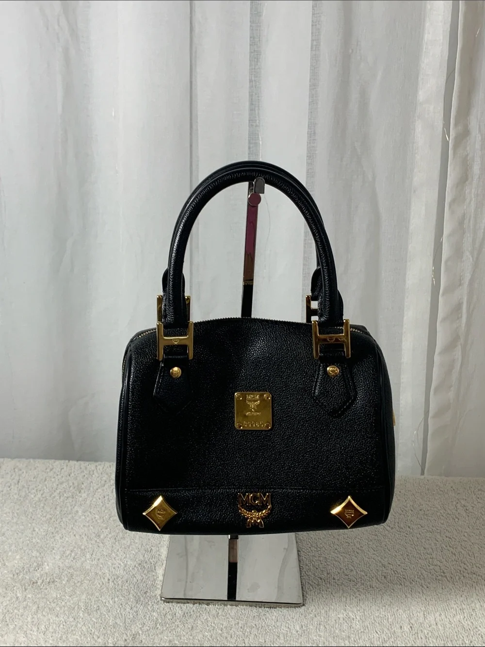 GUC MCM Vintage Studded Black Pebble Leather Satchel